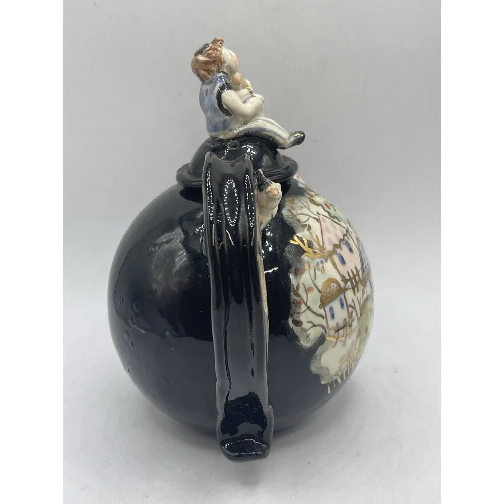 VTG Black Teapot Handpainted Signed O Gold w/ Ceramic Figures Boy Violin Cat +